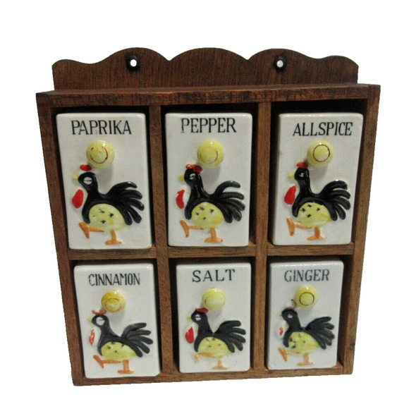 Vintage Spice Rack Ceramic Rooster 6 Jar Set Wood Wall Japan 1950s 7.5" x 7" - Picture 14 of 14